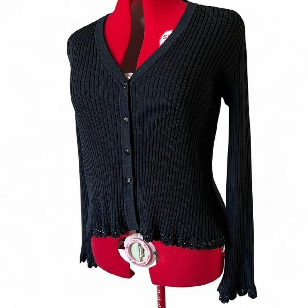 St. John Black Stretch Knit Button Front V Neck Cardigan Beaded Size 6